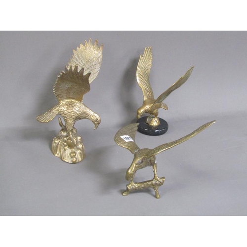 1087 - THREE BRASS FIGURES OF BIRDS OF PREY (ONE ON MARBLE BASE), EACH APPROX 30CM WING SPAN