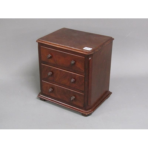 1117 - 19C MAHOGANY THREE DRAWER TABLE TOP CHEST, 31CM H