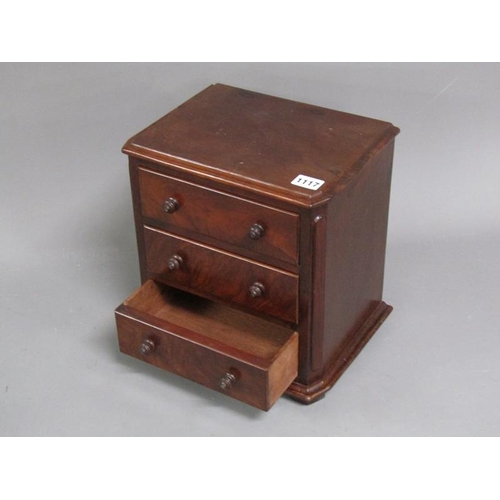 1117 - 19C MAHOGANY THREE DRAWER TABLE TOP CHEST, 31CM H