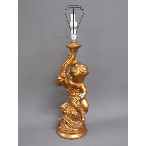 1120 - GILT PAINTED CHERUB LAMP, 92CM H INCL. FITTINGS