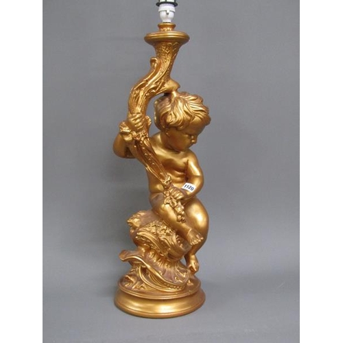 1120 - GILT PAINTED CHERUB LAMP, 92CM H INCL. FITTINGS