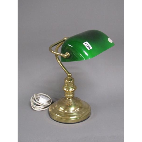 1125 - BRASS GREEN SHADED DESK LAMP, 38CM H