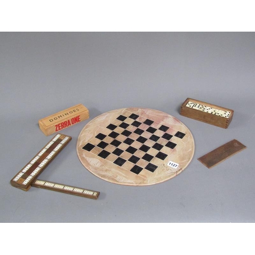 1127 - CIRCULAR ENGRAVED CHESS BOARD, 40CM DIAM; DOMINOES, CRIBBAGE BOARD