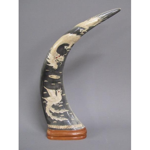 1129 - PAIR OF ORIENTAL CARVED HORNS, 46CM H