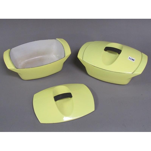 1140 - PAIR OF LES CRUESET YELLOW CASSEROLE DISHES AND COVERS, 31CMW