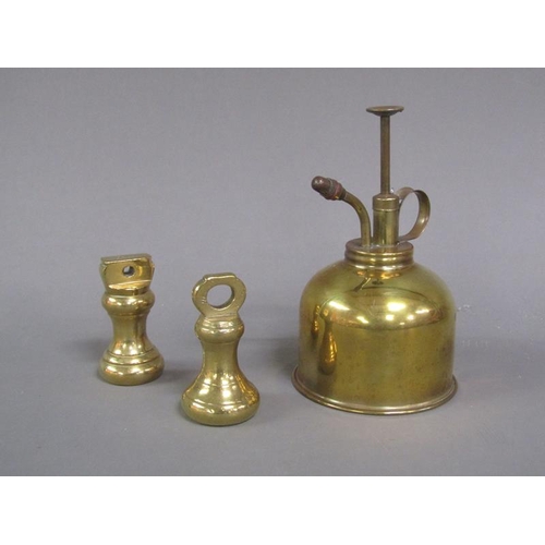 1148 - BOX TO INCL BRASS SCALE WEIGHTS, MORTAR AND PESTLE, BLOW TORCH ETC