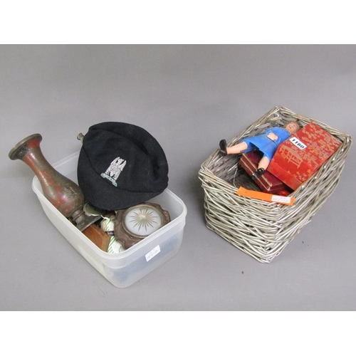 1160 - WICKER BOX AND TUB OF MIXED METALWARES - KEYS, PLAQUES, VASES, ORNAMENTS ETC