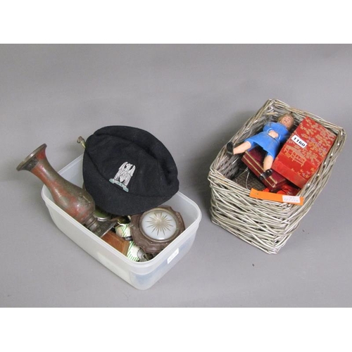 1160 - WICKER BOX AND TUB OF MIXED METALWARES - KEYS, PLAQUES, VASES, ORNAMENTS ETC