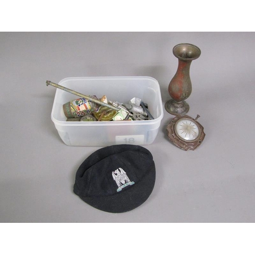 1160 - WICKER BOX AND TUB OF MIXED METALWARES - KEYS, PLAQUES, VASES, ORNAMENTS ETC