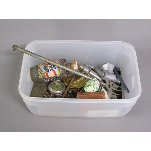 1160 - WICKER BOX AND TUB OF MIXED METALWARES - KEYS, PLAQUES, VASES, ORNAMENTS ETC