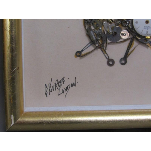 1170 - TWO FRAMED CLOCK PART COLLAGES, EACH SIGNED G BURGESS, LONDON, 33CM H