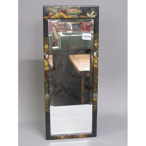 1171 - EARLY 20C BLACK LACQUERED CHINOISERIE BEVEL EDGE MIRROR, 53CM H