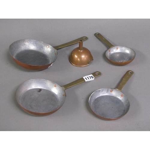 1176 - SET OF COPPER AND BRASS PANS; FUNNEL, LARGEST PAN 28CM L