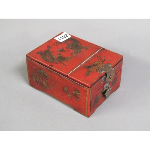 1182 - ORIENTAL RED LACQUERED LADIES DRESSING TABLE BOX WITH MIRROR, 12CM W