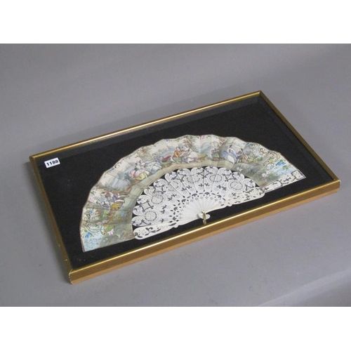 1188 - FRAMED ANTIQUE FAN IN CASE, 59CM W