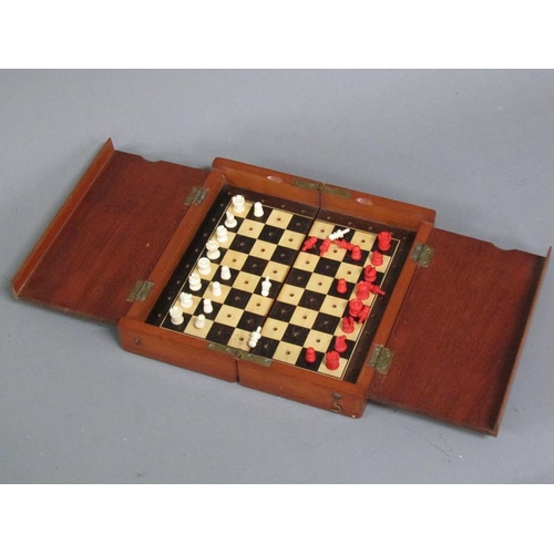 1193 - MAHOGANY CASED GAMES BOX WITH SOLITAIRE DOMINOES AND CHESS, 21CM W