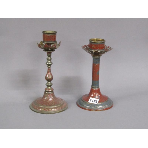 1195 - TWO EARLY 20C ENAMELLED CANDLESTICKS, LARGEST 28CM H