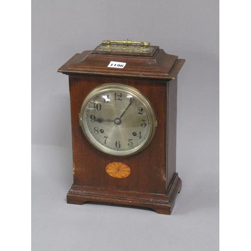 1196 - LATE VICTORIAN/EDWARDIAN OAK INLAID MANTEL CLOCK, 31CM H