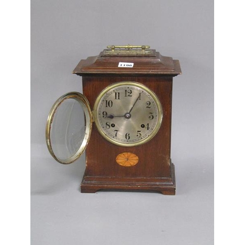 1196 - LATE VICTORIAN/EDWARDIAN OAK INLAID MANTEL CLOCK, 31CM H