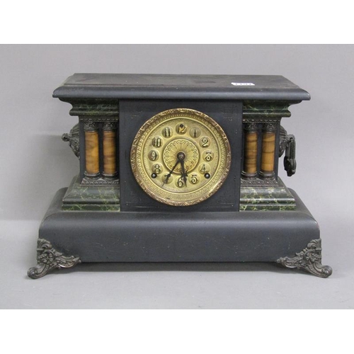 1197 - SIMULATED VICTORIAN SLATE AND MARBLE MANTEL CLOCK, 29CM H