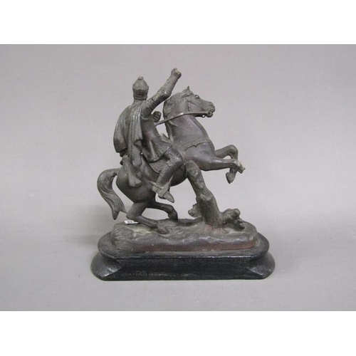 1198 - 19C CAST SPELTER FIGURE- KNIGHT ON HORSEBACK, 21CM H