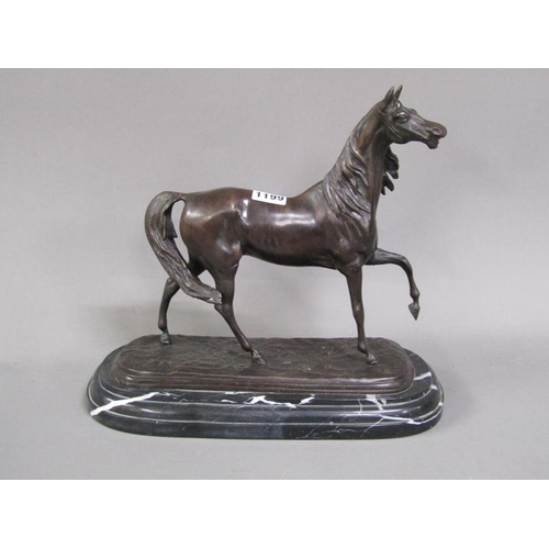 1199 - CAST BRONZED SCULPTURE OF A HORSE ON MARBLE BASE, 32CM H