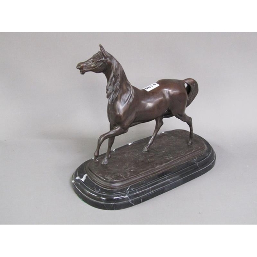 1199 - CAST BRONZED SCULPTURE OF A HORSE ON MARBLE BASE, 32CM H