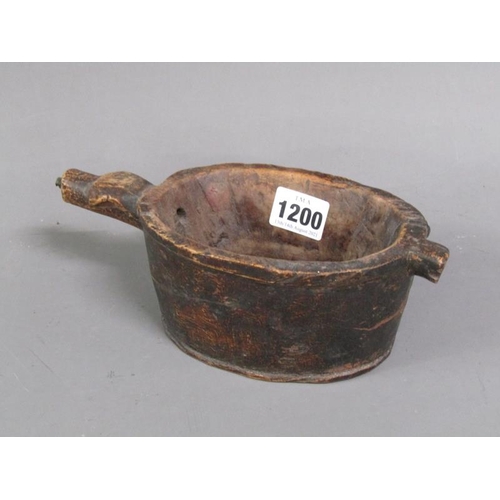 1200 - 17C/18C CARVED WOODEN POSSET BOWL, 23CM W