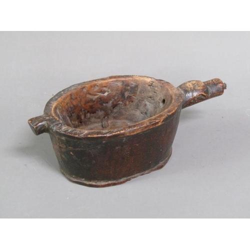 1200 - 17C/18C CARVED WOODEN POSSET BOWL, 23CM W