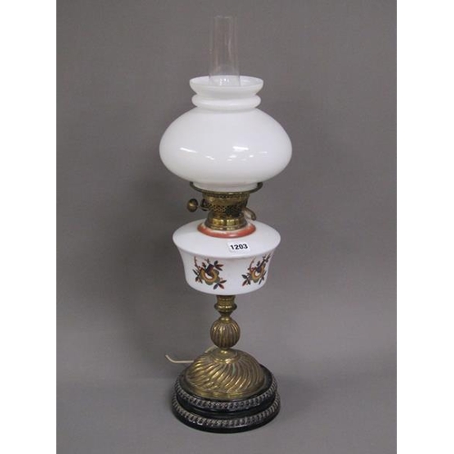 1203 - VICTORIAN BRASS AND GLASS OIL LAMP WITH SHADE AND FUNNEL, 67CM H