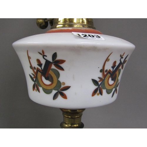 1203 - VICTORIAN BRASS AND GLASS OIL LAMP WITH SHADE AND FUNNEL, 67CM H