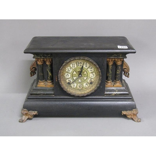 1204 - VICTORIAN SIMULATED SLATE AND MARBLE MANTEL CLOCK, 28CM H