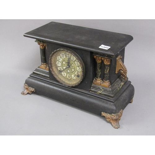 1204 - VICTORIAN SIMULATED SLATE AND MARBLE MANTEL CLOCK, 28CM H