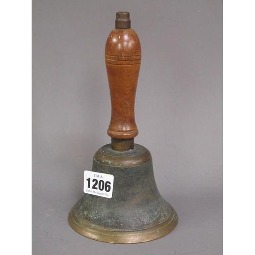 1206 - VINTAGE HAND BELL WITH TURNED WOOD HANDLE, 21CM H