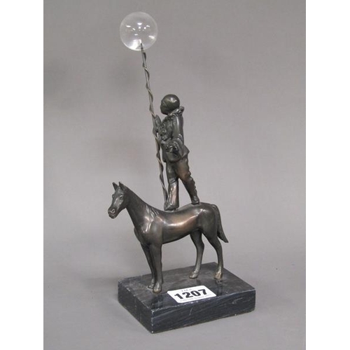 1207 - CAST BRONZED FIGURE - CIRCUS CLOWN ON HORSEBACK WITH BALANCING STICK, 24CM H