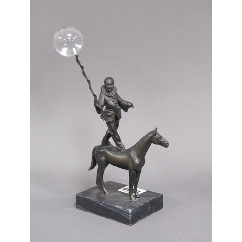 1207 - CAST BRONZED FIGURE - CIRCUS CLOWN ON HORSEBACK WITH BALANCING STICK, 24CM H