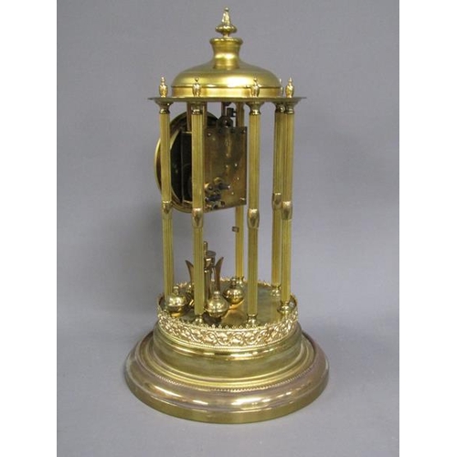 1211 - BRASS ANNIVERSARY TORSION CLOCK WITH PORCELAIN DIAL UNDER GLASS DOME, 45CM H