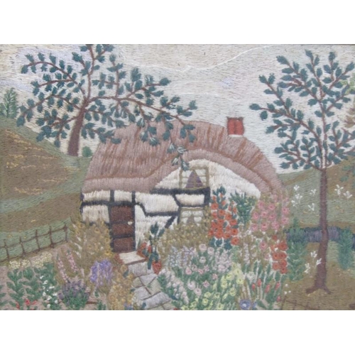 1214 - NEEDLEWORK PANELS - THATCH COTTAGES & FLOWERS