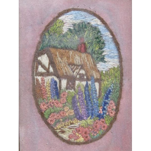 1214 - NEEDLEWORK PANELS - THATCH COTTAGES & FLOWERS