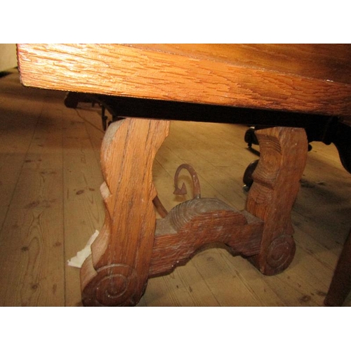 1575 - IBERIAN SPANISH OAK SIDE CABINET ON STAND ENCLOSED BY GEOMETRIC PANEL DOORS, 120CM W