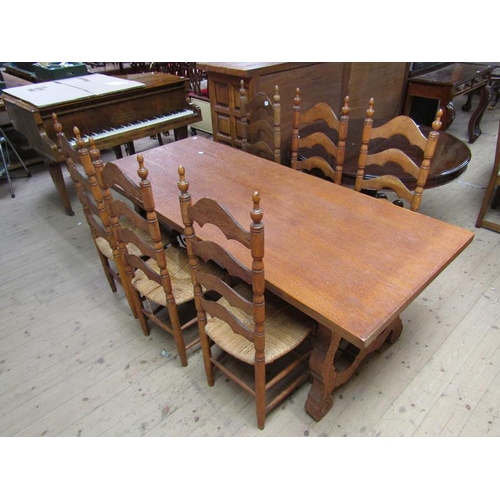 1576 - IBERIAN STYLE SPANISH OAK REFECTORY STYLE DINING TABLE TOGETHER WITH SIX SHAPED LADDERBACK CHAIRS, T... 