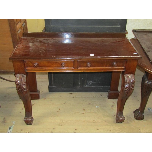 1578 - 18C STYLE MAHOGANY COMSOLE TABLE, FITTED TWO DRAWERS WITH BOLD CARVED CABRIOLE FRONT LEGS, 114CM W, ... 