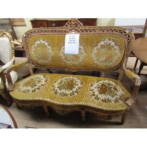 1580 - EARLY 19C STYLE GILT WOOD AND STUCCO FRAMED AND UPHOLSTERED THREE SEATER SOFA, 177CM W, 126CM H