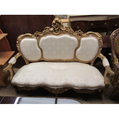 1581 - MID GEORGIAN STYLE GILT WOOD AND UPHOLSTERED THREE SEATER SETTEE, 184CM W, 130CM H