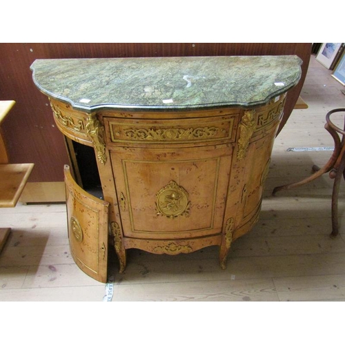 1585 - CONTINENTAL GREEN MARBLE TOP BOW FRONT SIDE CABINET WITH ORMOLU MOUNTS, 120CM W, 102CM H