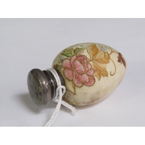 1222 - LATE 19C PORCELAIN EGG SHAPED SCENT BOTTLE WITH SILVER TOP; SILVER CIRCULAR PILL BOX