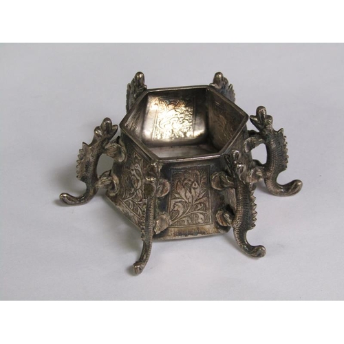 1223 - TWO LATE 19C CHINESE TABLE SALTS WITH APPLIED REPTILE HANDLES AND FEET, 6CM W