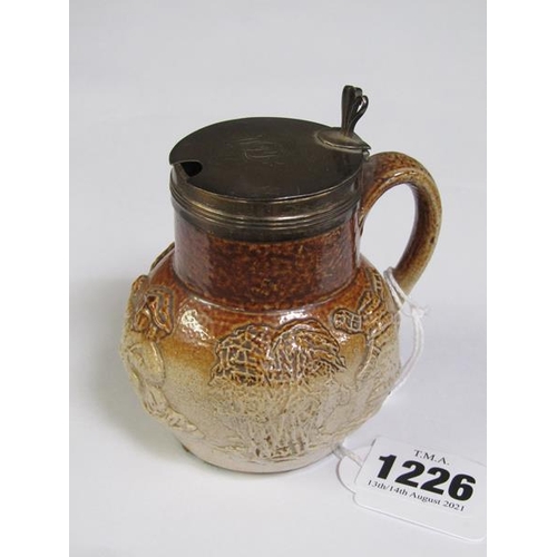 1226 - 19C POTTERY MUSTARD WITH SILVER COVER, 9.5CM H