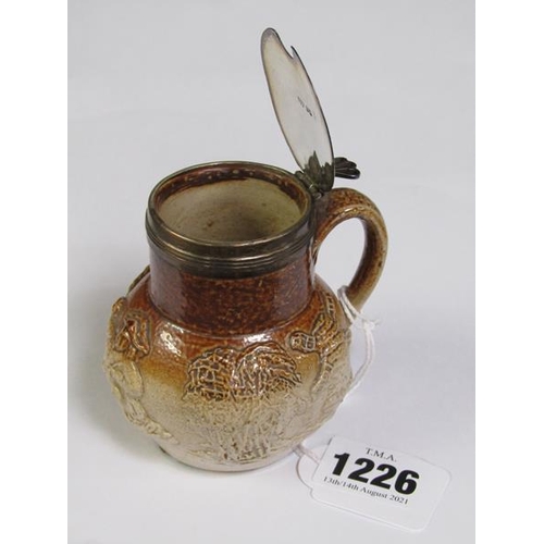 1226 - 19C POTTERY MUSTARD WITH SILVER COVER, 9.5CM H