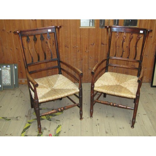 1588 - PAIR OF LATE 19C RUSH SEAT OPEN ARMCHAIRS WITH WAVY BACK RAILS